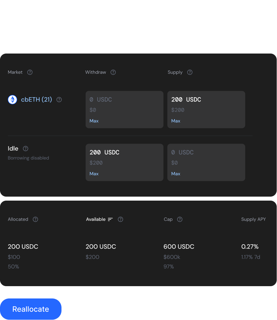 Vault manager: allocating and reallocating liquidity